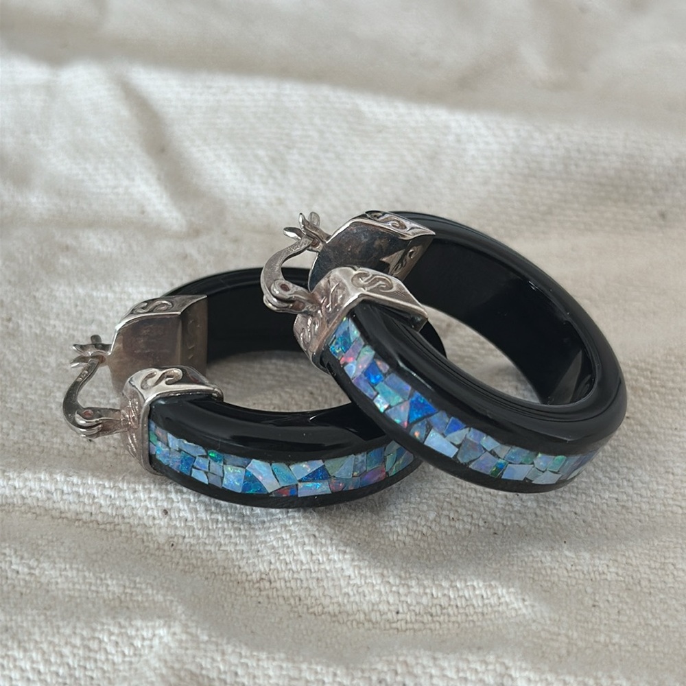 Jay King Black Chalcedony/Blue Opal mosaic Hoop Earrings